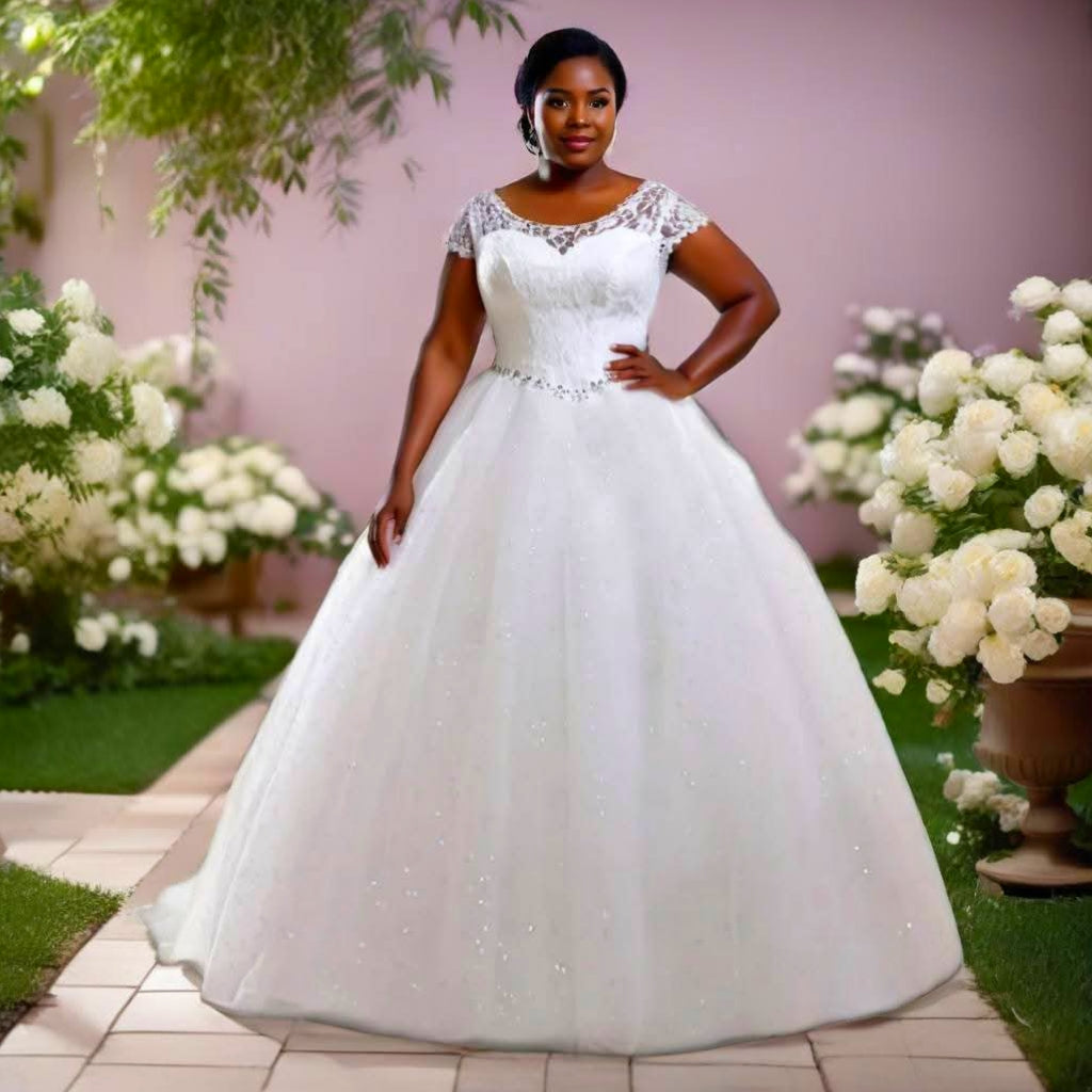 Elegant Plus Size Women  Short Sleeves  Wedding Gown