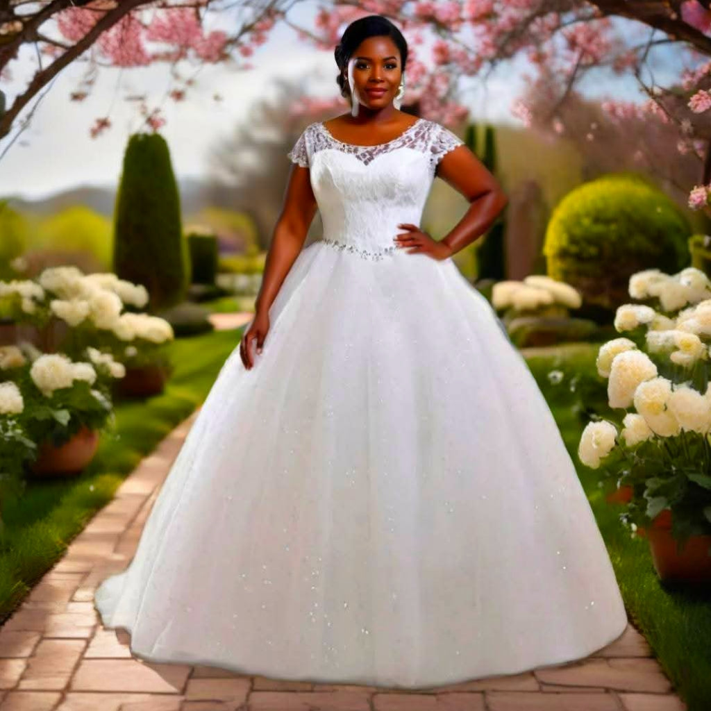 Elegant Plus Size Women  Short Sleeves  Wedding Gown