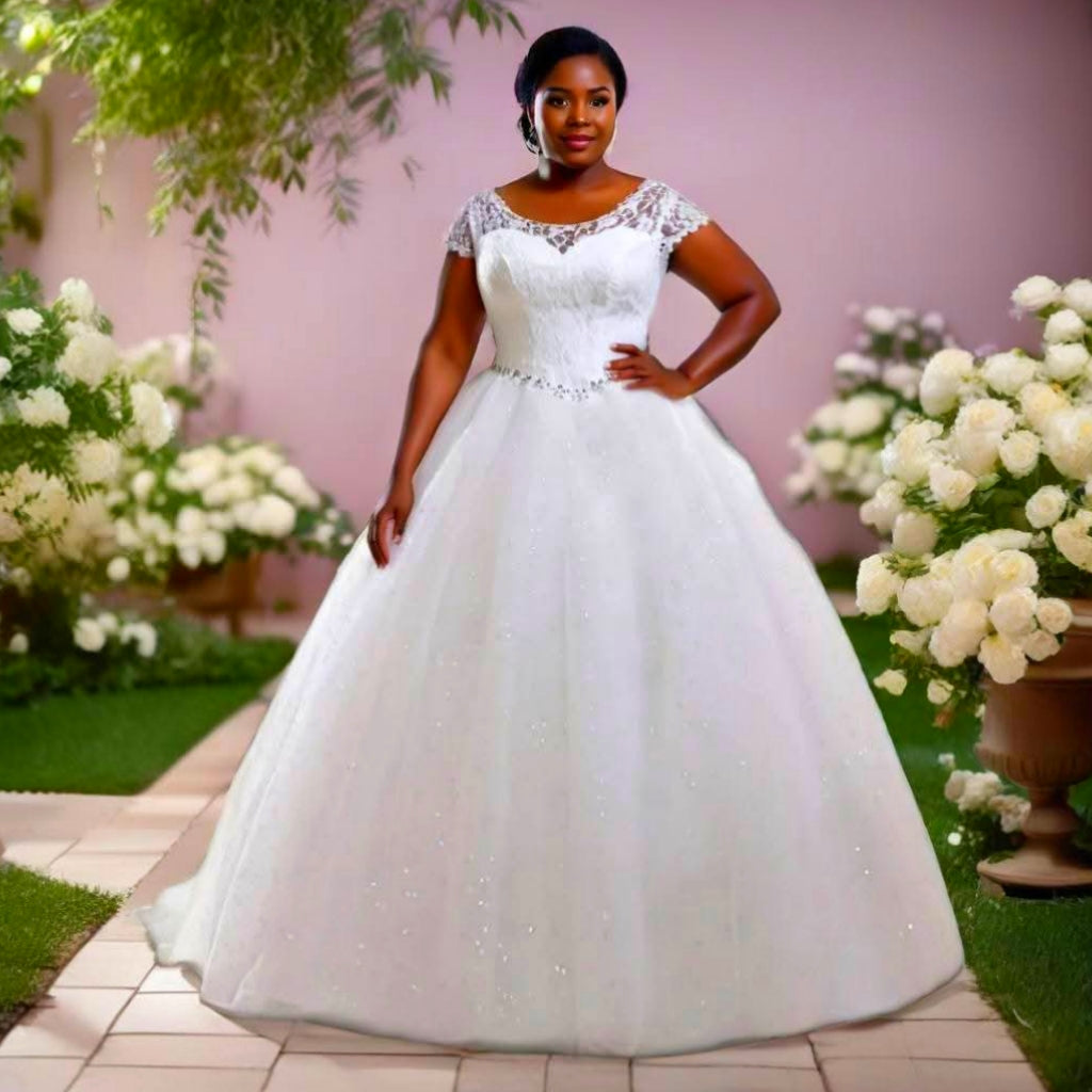 Elegant Plus Size Women  Short Sleeves  Wedding Gown