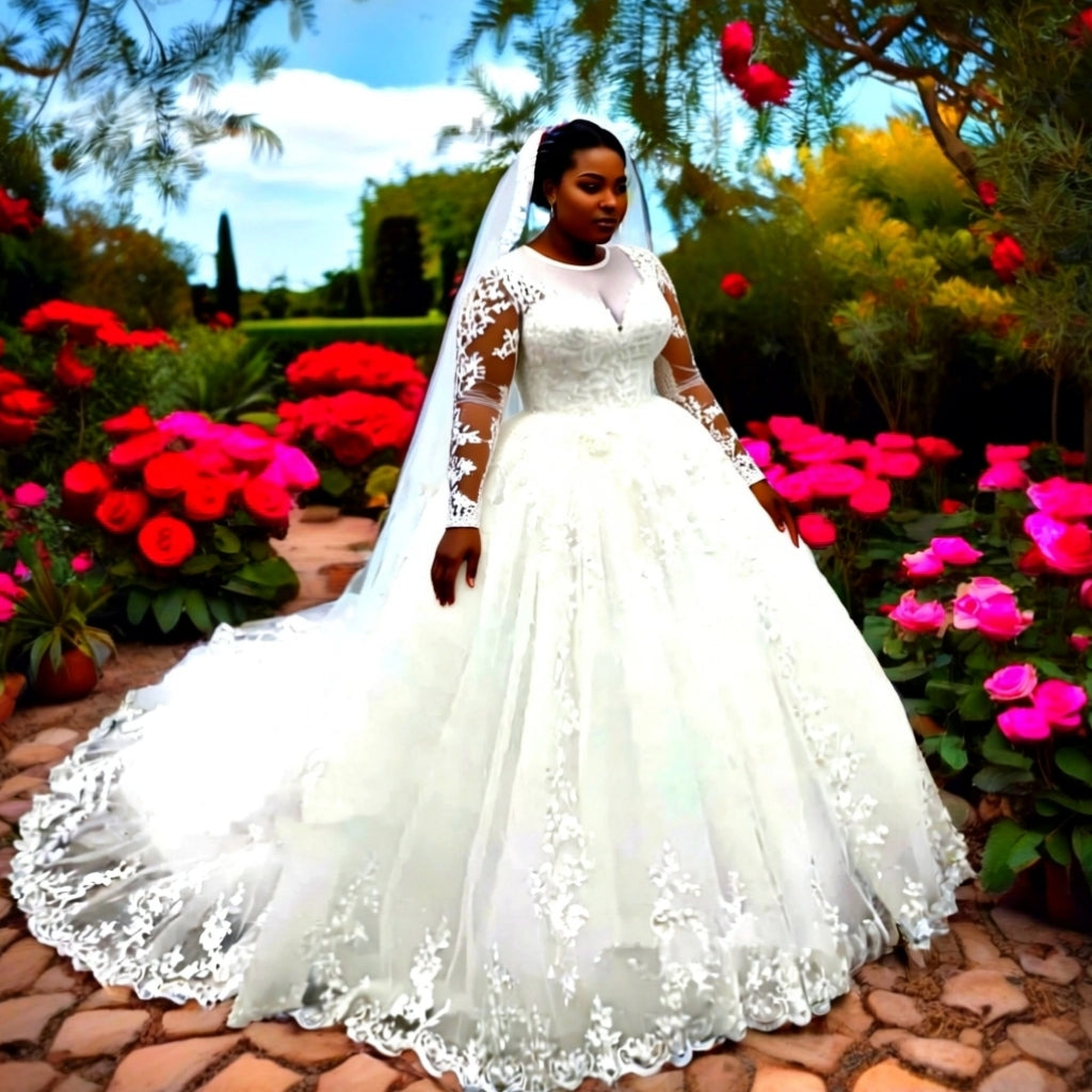 Elegant Plus Size long sleeves Wedding Gown
