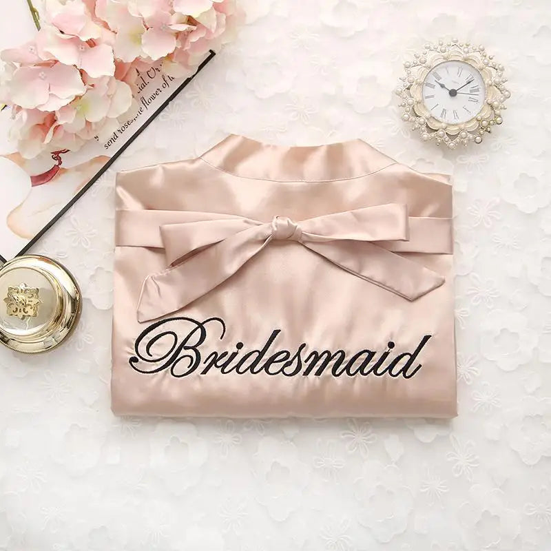 Bridal Party Satin Kimono Robe – Embroidered “Bride” & “Bridesmaid” Wedding Sleepwear