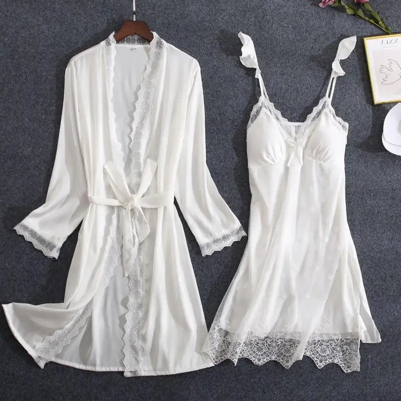 White Lace Bridal Robe Set | Kimono Sleepwear for Bride & Bridesmaids — Lightweight Summer Loungewear