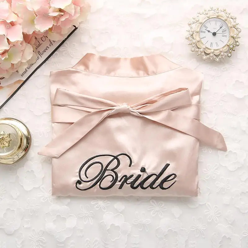 Bridal Party Satin Kimono Robe – Embroidered “Bride” & “Bridesmaid” Wedding Sleepwear