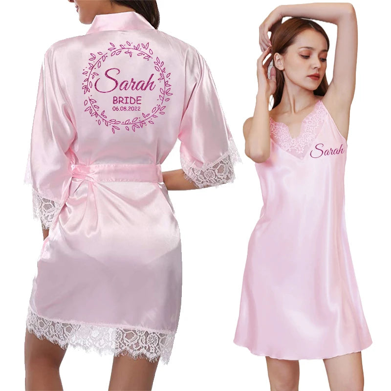 Personalized Lace Pajama Set for Bride & Bridesmaids | Custom Name, Date & Design — Wedding Party Gift