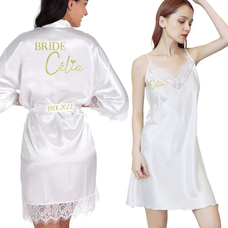 Personalized Lace Pajama Set for Bride & Bridesmaids | Custom Name, Date & Design — Wedding Party Gift