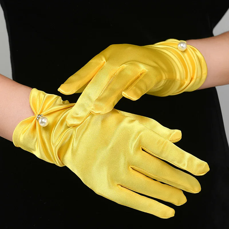 Elegant White Satin Bridal Gloves with Pearl & Bow Detail