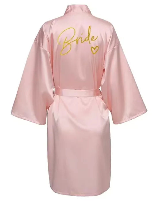 Satin Bridal Party Robe with Gold Lettering | Kimono Bathrobe for Bride & Bridesmaids — Wedding Morning Essential