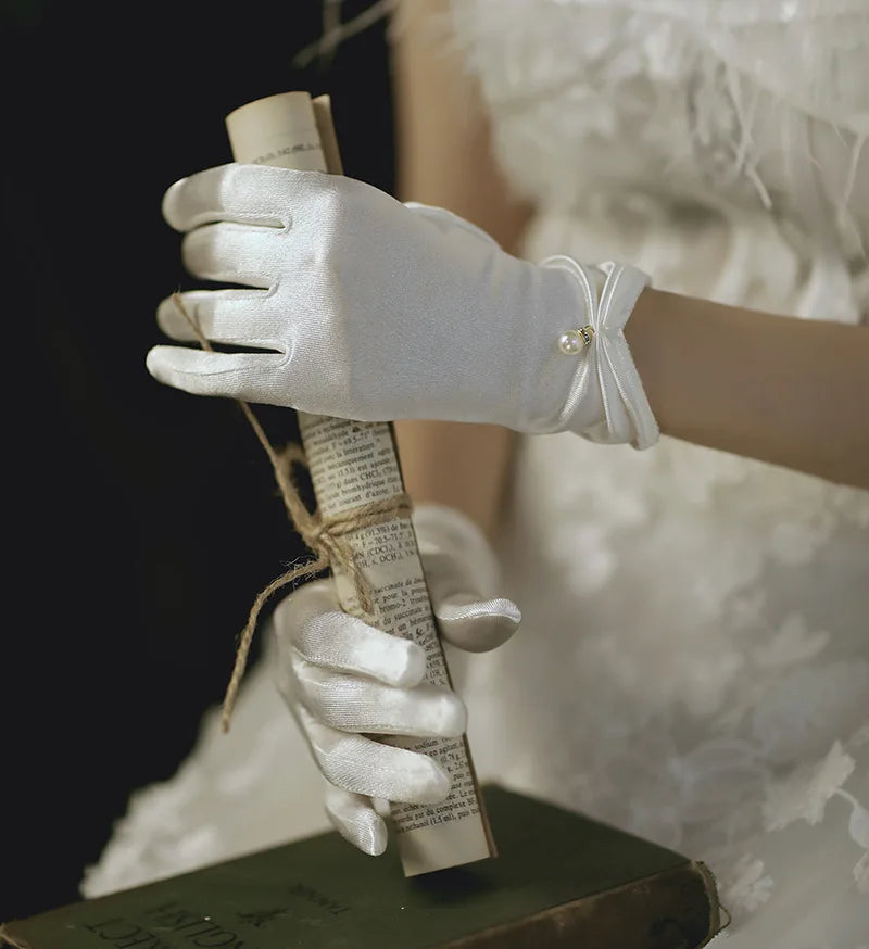 Elegant White Satin Bridal Gloves with Pearl & Bow Detail