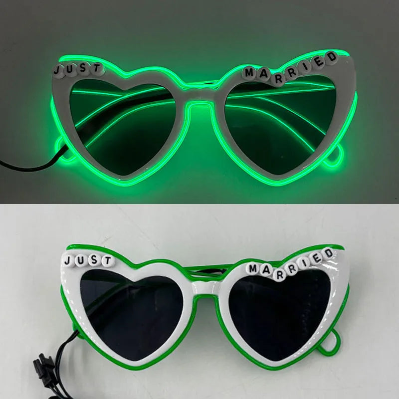 LED Glowing "Just Married" Heart Glasses – Bridal Party & Wedding Celebration Novelty Sunglasses