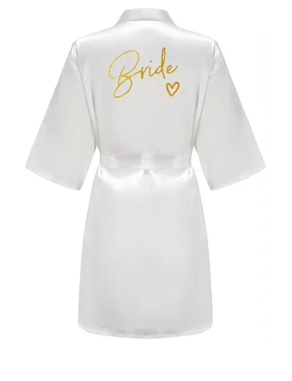 Satin Bridal Party Robe with Gold Lettering | Kimono Bathrobe for Bride & Bridesmaids — Wedding Morning Essential