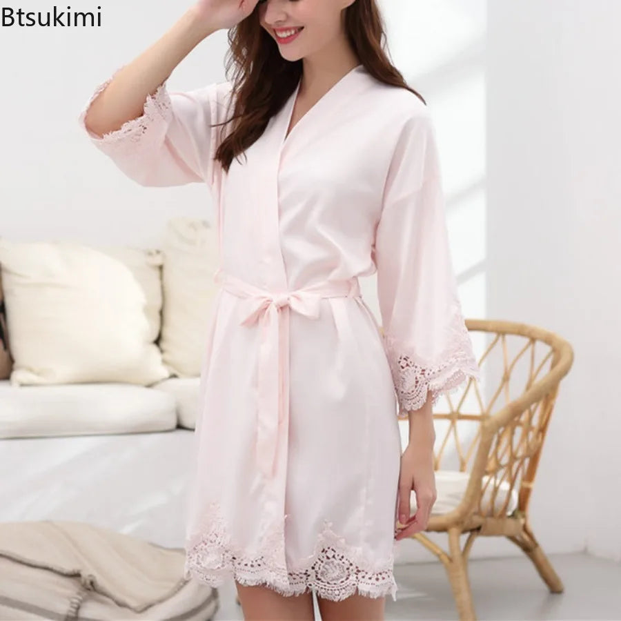 Lace-Trim Satin Bridal Robe | Long Kimono Dressing Gown for Brides & Bridesmaids
