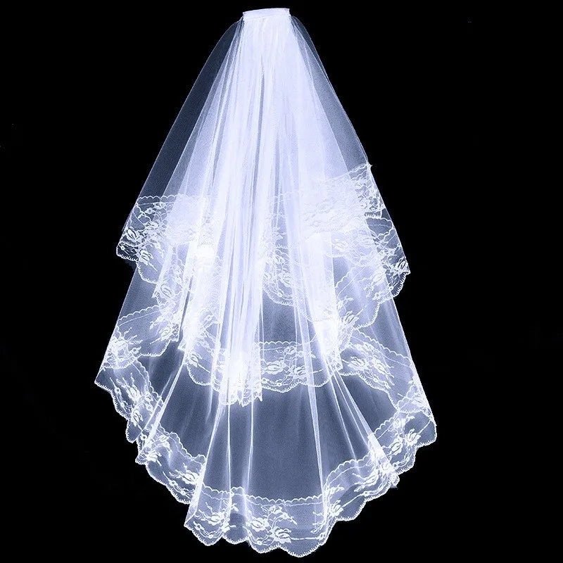 Two-Layer Lace Bridal Veil with Comb | White & Black Wedding Veil | Short Bridal Hair Accessory