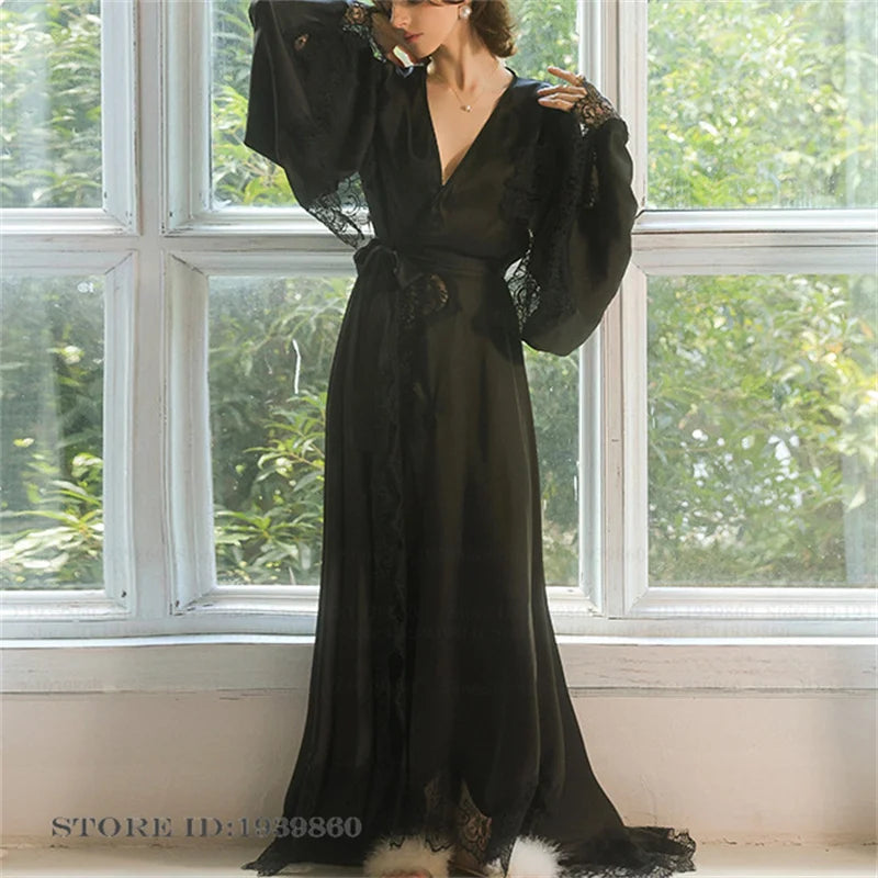 White Lace-Trim Bridal Robe | Ankle-Length Ice Silk Kimono Gown for Brides