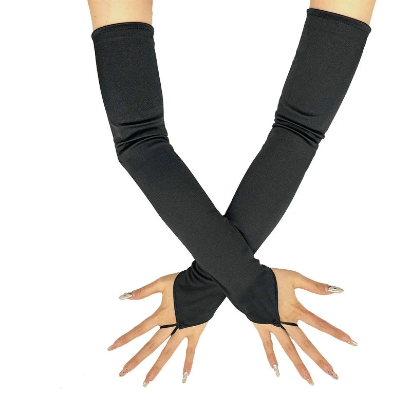 Elegant Stretch Satin Opera Gloves – Long Fingerless Bridal Gloves for Women