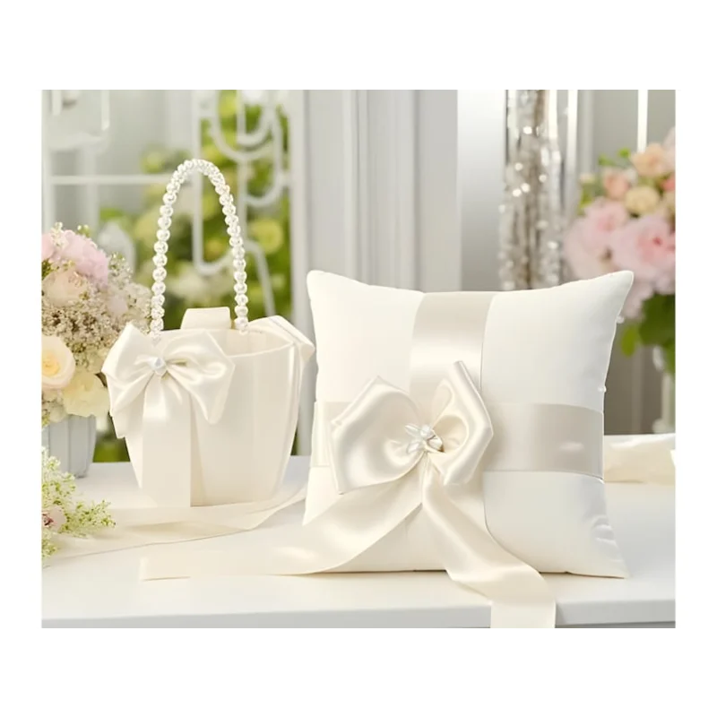 Wedding Ring Bearer Pillow & Flower Girl Basket — Ivory Satin with Pearl & Bow Ceremony Decor