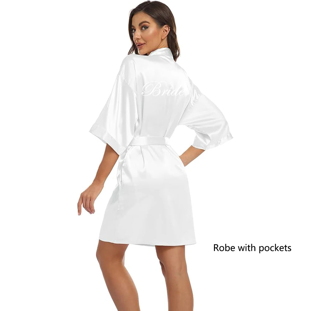 Satin "Team Bride" Kimono Robe | Mini Bridal Party Bathrobe with White Lettering