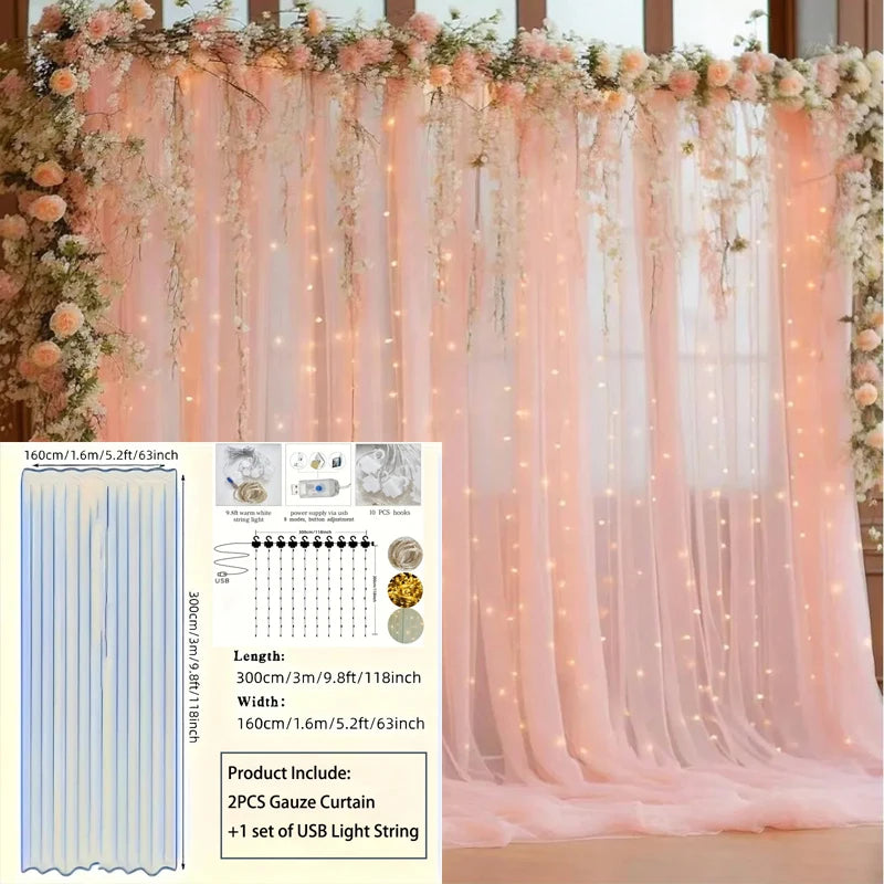 Tulle Backdrop Curtains with Fairy Lights – 3-Piece Wedding & Bridal Shower Decor Set