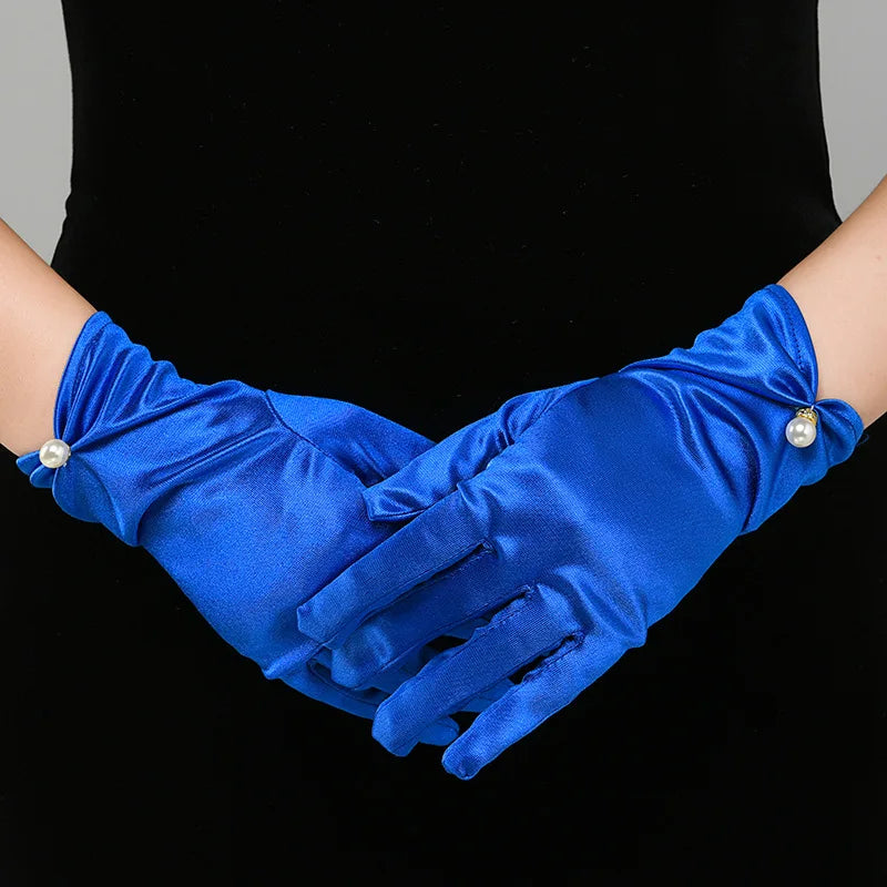 Elegant White Satin Bridal Gloves with Pearl & Bow Detail