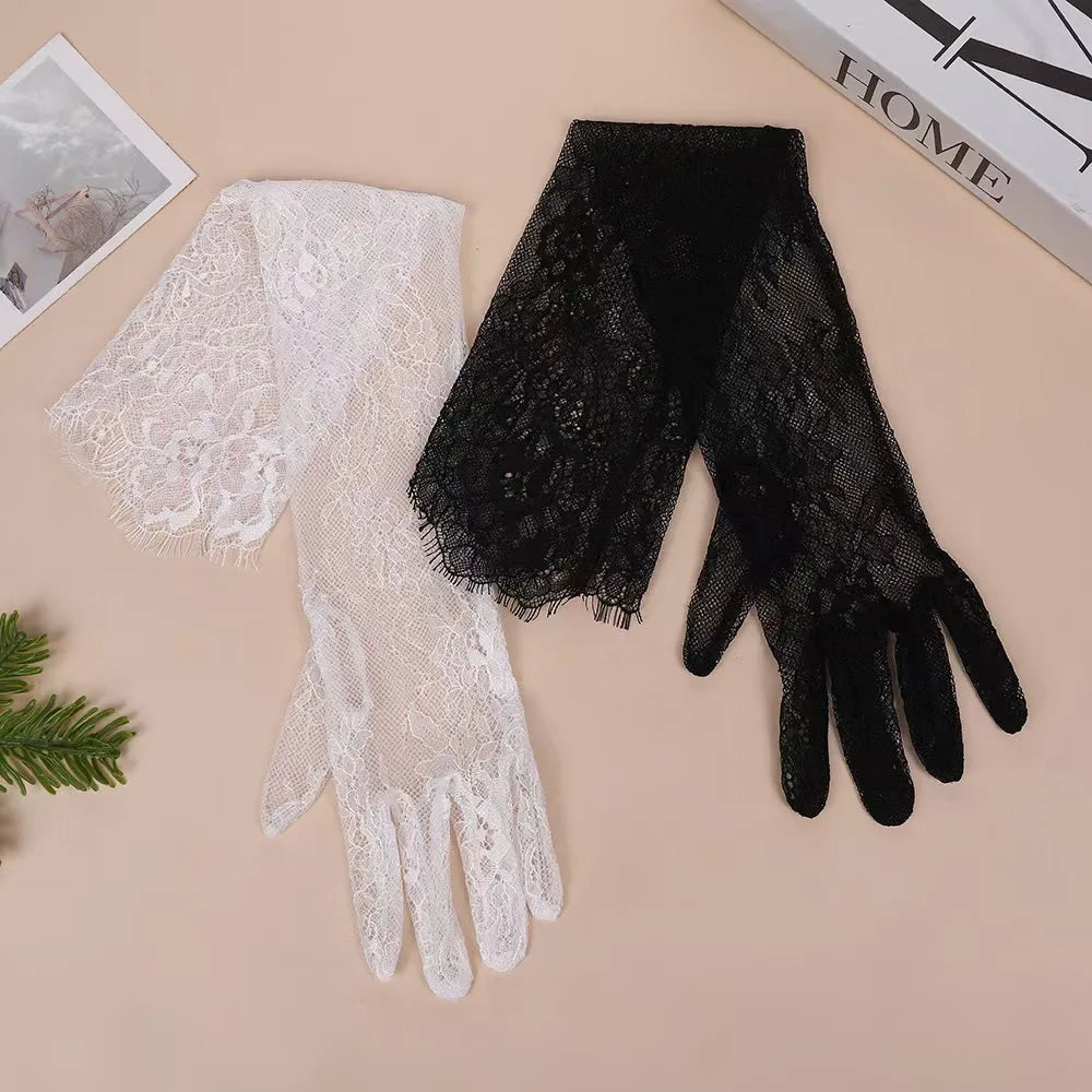 Black Lace Bridal Gloves – Sheer Long Floral Evening Gloves for Wedding & Special Occasions