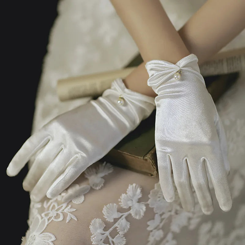 Elegant White Satin Bridal Gloves with Pearl & Bow Detail