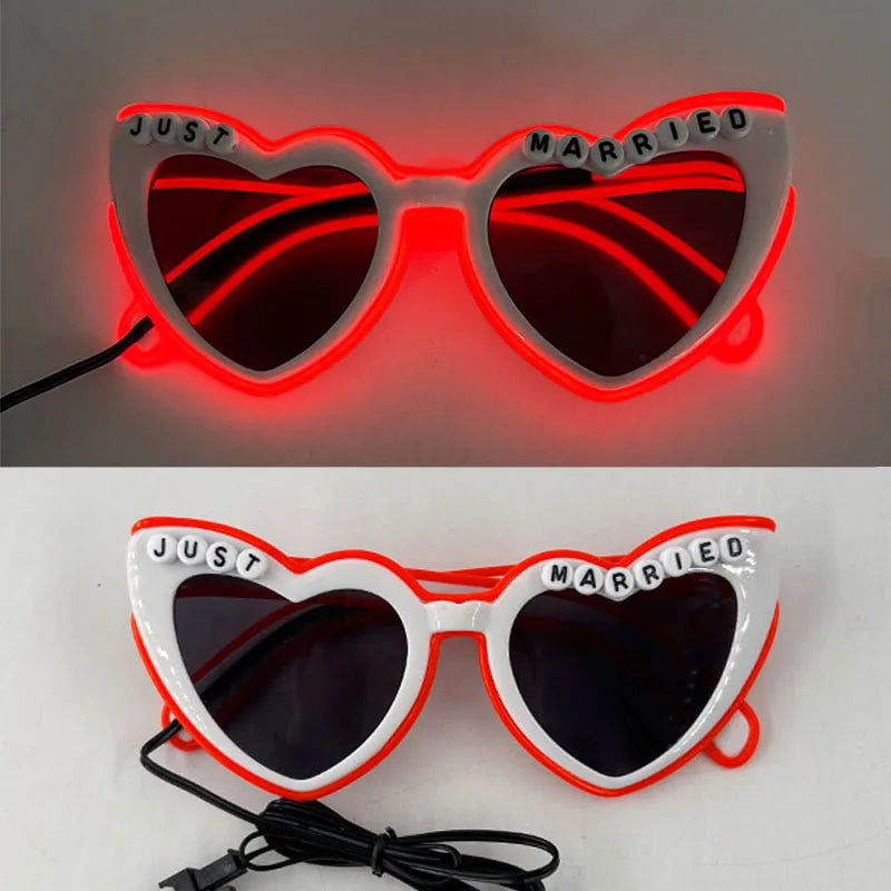 LED Glowing "Just Married" Heart Glasses – Bridal Party & Wedding Celebration Novelty Sunglasses