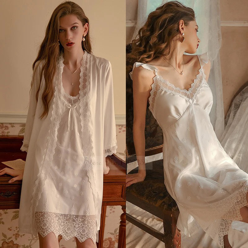 White Lace Bridal Robe Set | Kimono Sleepwear for Bride & Bridesmaids — Lightweight Summer Loungewear