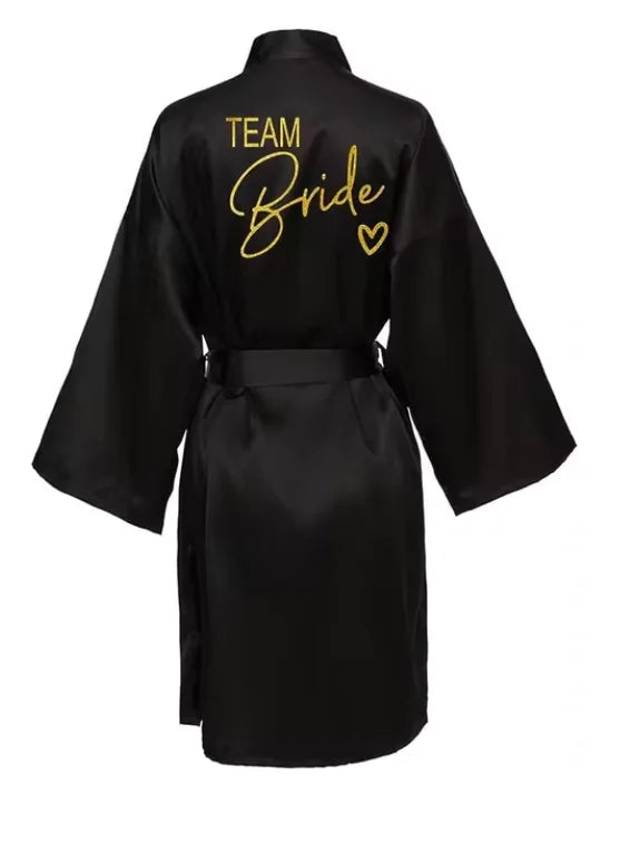 Satin Bridal Party Robe with Gold Lettering | Kimono Bathrobe for Bride & Bridesmaids — Wedding Morning Essential
