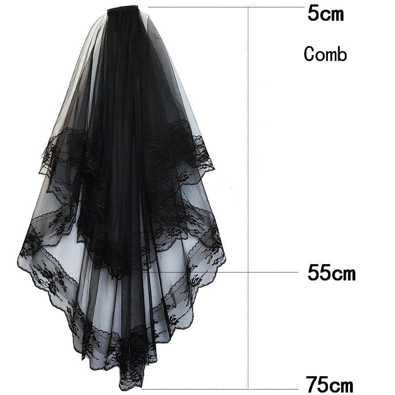 Two-Layer Lace Bridal Veil with Comb | White & Black Wedding Veil | Short Bridal Hair Accessory
