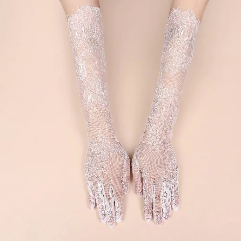 Black Lace Bridal Gloves – Sheer Long Floral Evening Gloves for Wedding & Special Occasions
