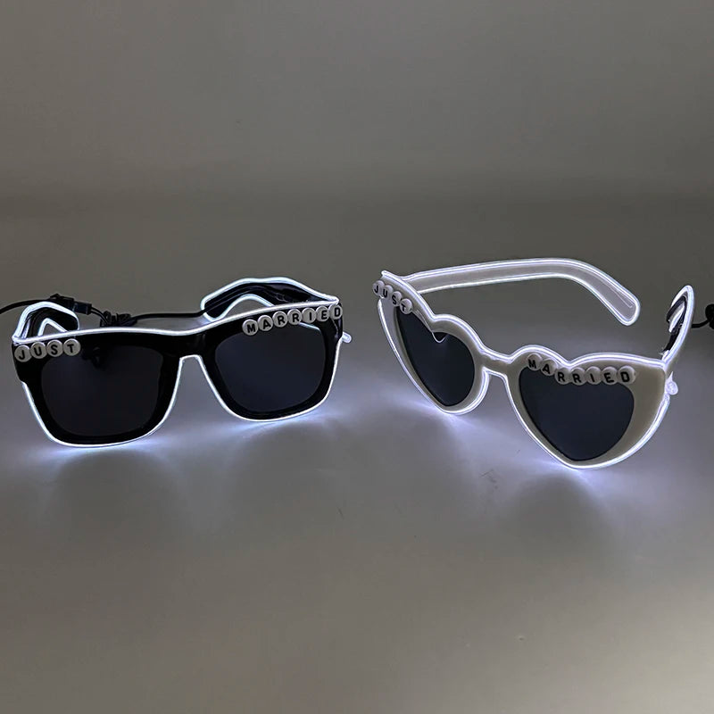 LED Glowing "Just Married" Heart Glasses – Bridal Party & Wedding Celebration Novelty Sunglasses