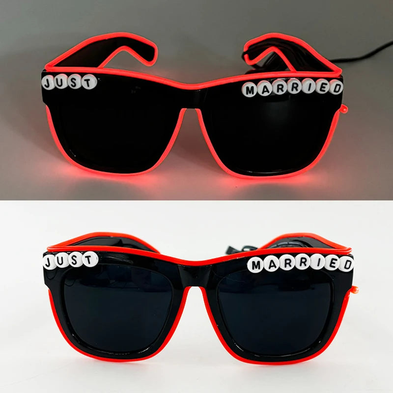 LED Glowing "Just Married" Heart Glasses – Bridal Party & Wedding Celebration Novelty Sunglasses