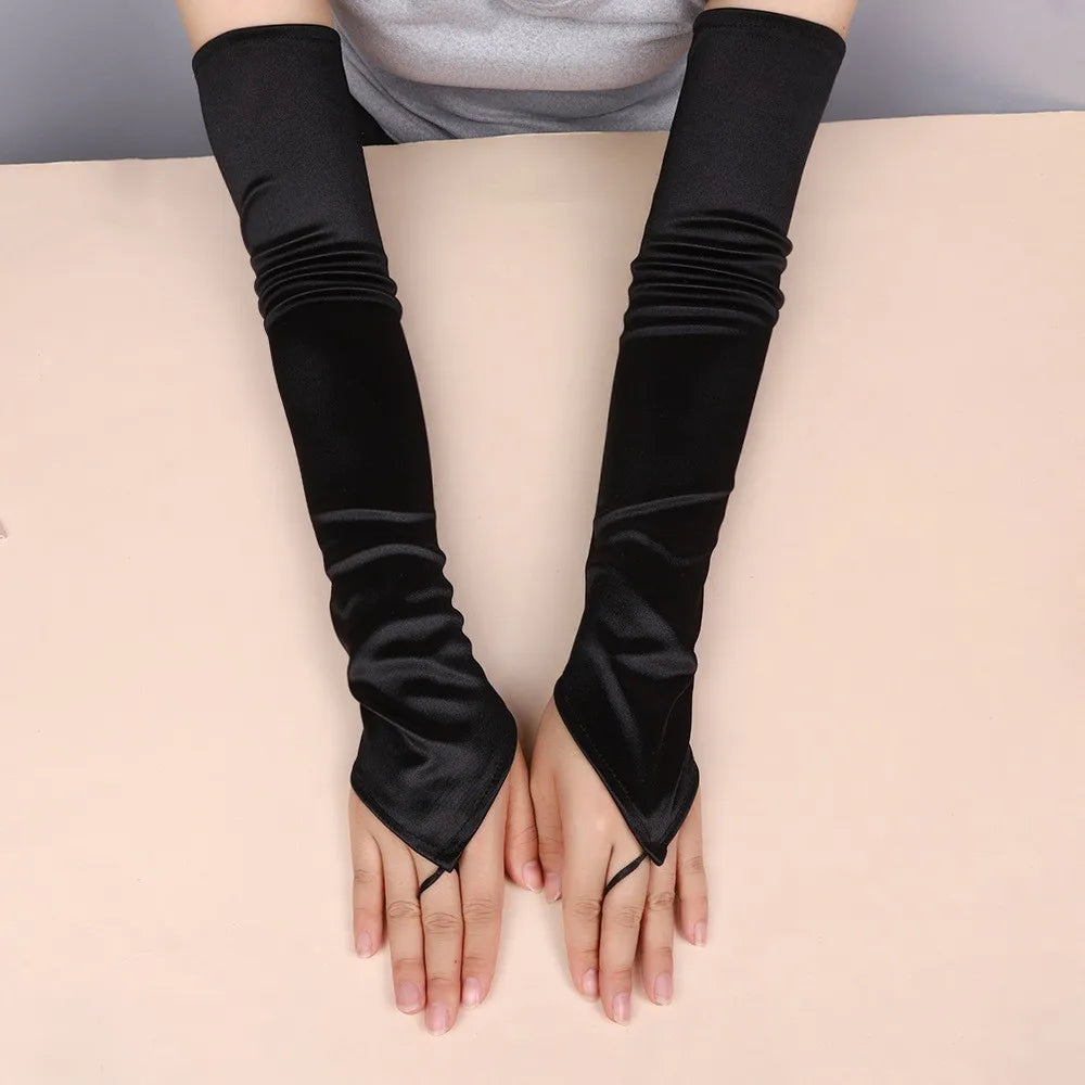 Elegant Stretch Satin Opera Gloves – Long Fingerless Bridal Gloves for Women