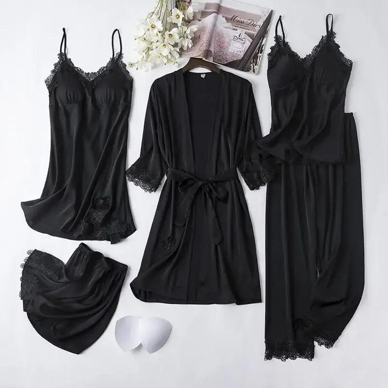 Bridal Satin Pajama Set – 5-Piece Bride Robe, Nightgown & Sleepwear Collection