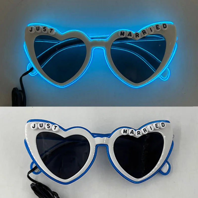 LED Glowing "Just Married" Heart Glasses – Bridal Party & Wedding Celebration Novelty Sunglasses