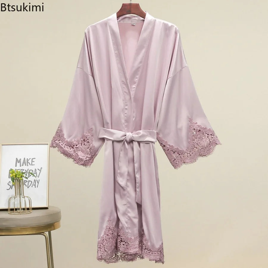 Lace-Trim Satin Bridal Robe | Long Kimono Dressing Gown for Brides & Bridesmaids