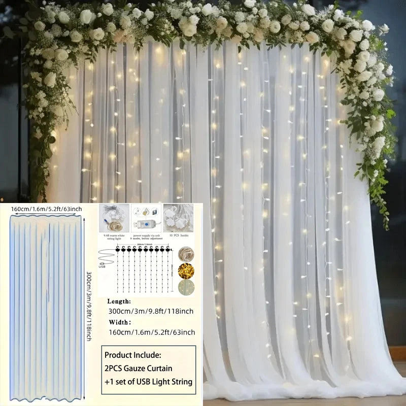 Tulle Backdrop Curtains with Fairy Lights – 3-Piece Wedding & Bridal Shower Decor Set