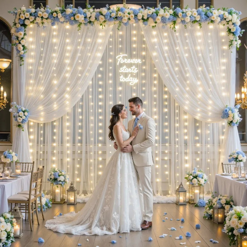 Tulle Backdrop Curtains with Fairy Lights – 3-Piece Wedding & Bridal Shower Decor Set