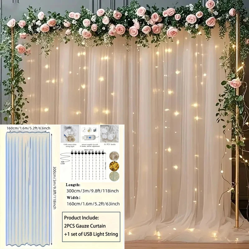 Tulle Backdrop Curtains with Fairy Lights – 3-Piece Wedding & Bridal Shower Decor Set