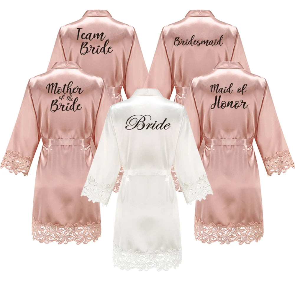 Rose Gold Satin Lace Bridesmaid Robe | Elegant Dressing Gown for Bride & Wedding Party — Bachelorette Gift