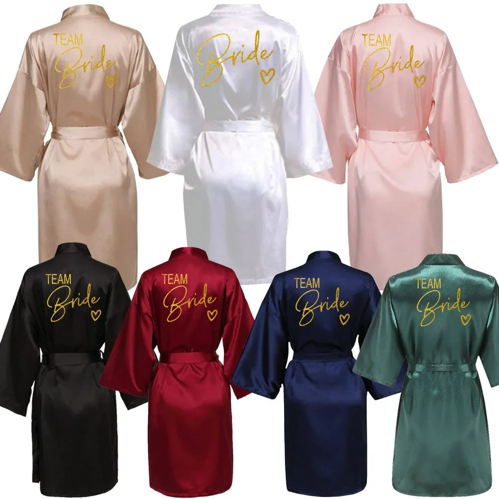 Satin Bridal Party Robe with Gold Lettering | Kimono Bathrobe for Bride & Bridesmaids — Wedding Morning Essential