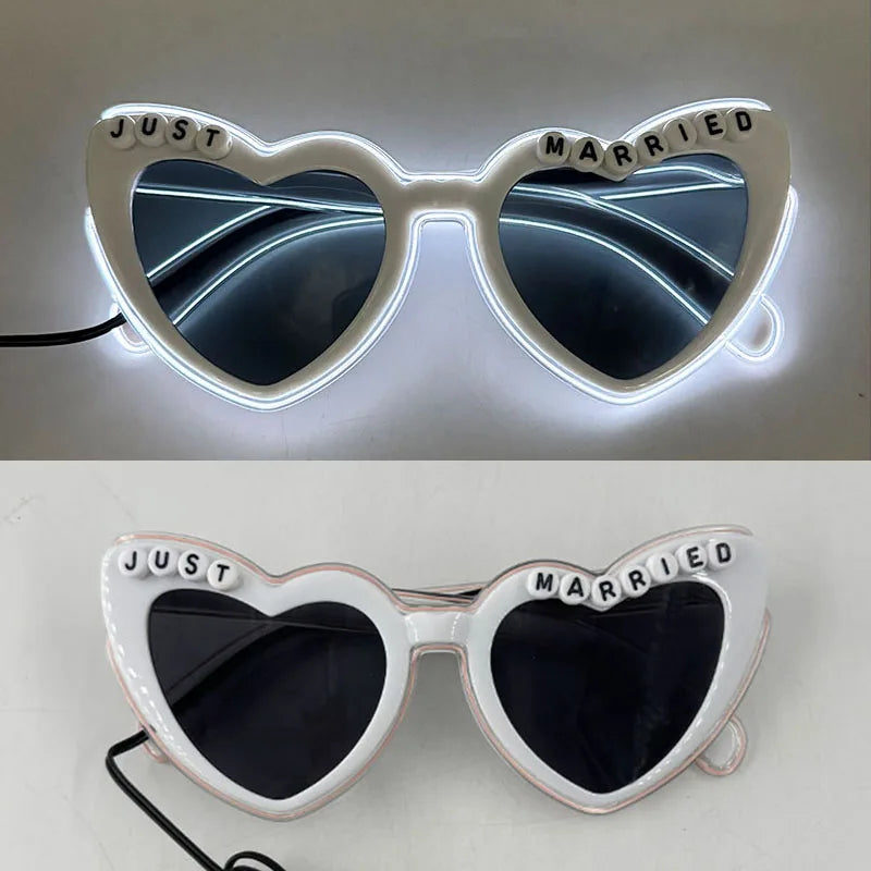 LED Glowing "Just Married" Heart Glasses – Bridal Party & Wedding Celebration Novelty Sunglasses