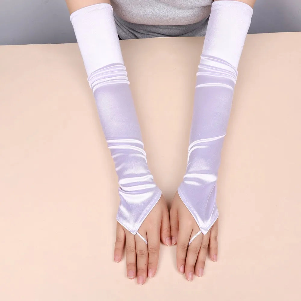 Elegant Stretch Satin Opera Gloves – Long Fingerless Bridal Gloves for Women
