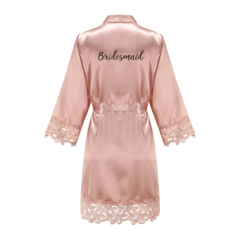 Rose Gold Satin Lace Bridesmaid Robe | Elegant Dressing Gown for Bride & Wedding Party — Bachelorette Gift