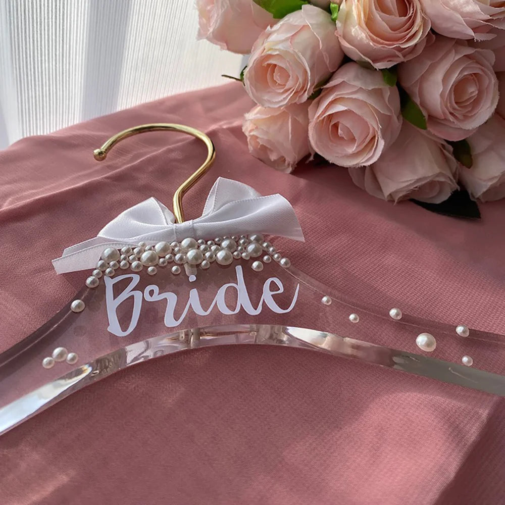 Bridal Acrylic Dress Hanger with Pearls & Bow — Wedding Day Keepsake Gift