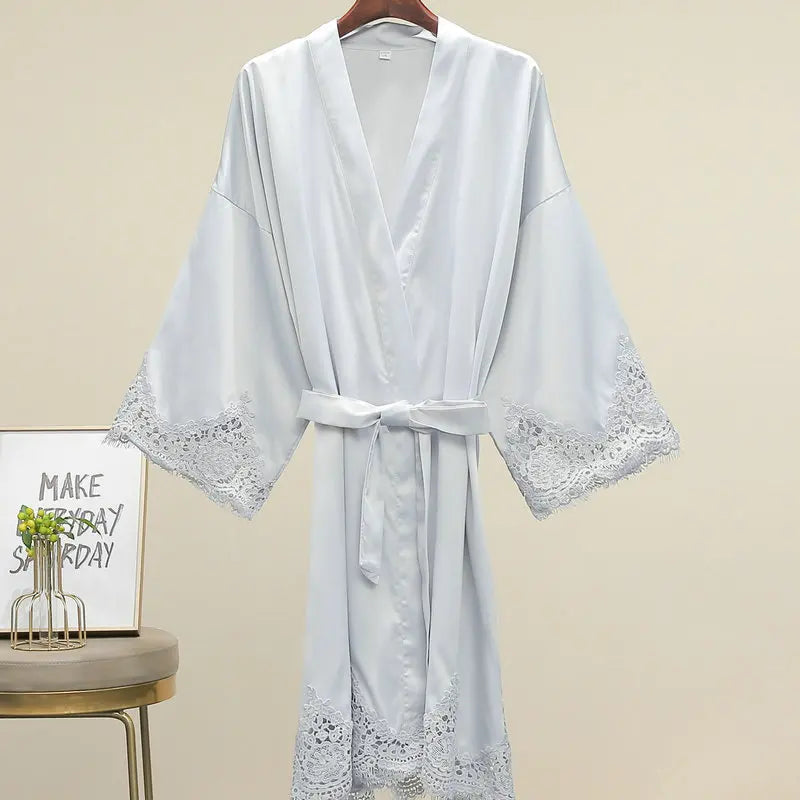 Lace-Trim Satin Bridal Robe | Long Kimono Dressing Gown for Brides & Bridesmaids