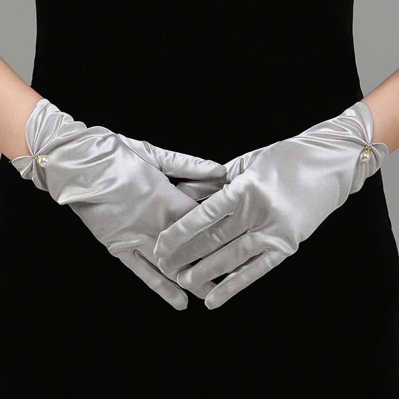 Elegant White Satin Bridal Gloves with Pearl & Bow Detail