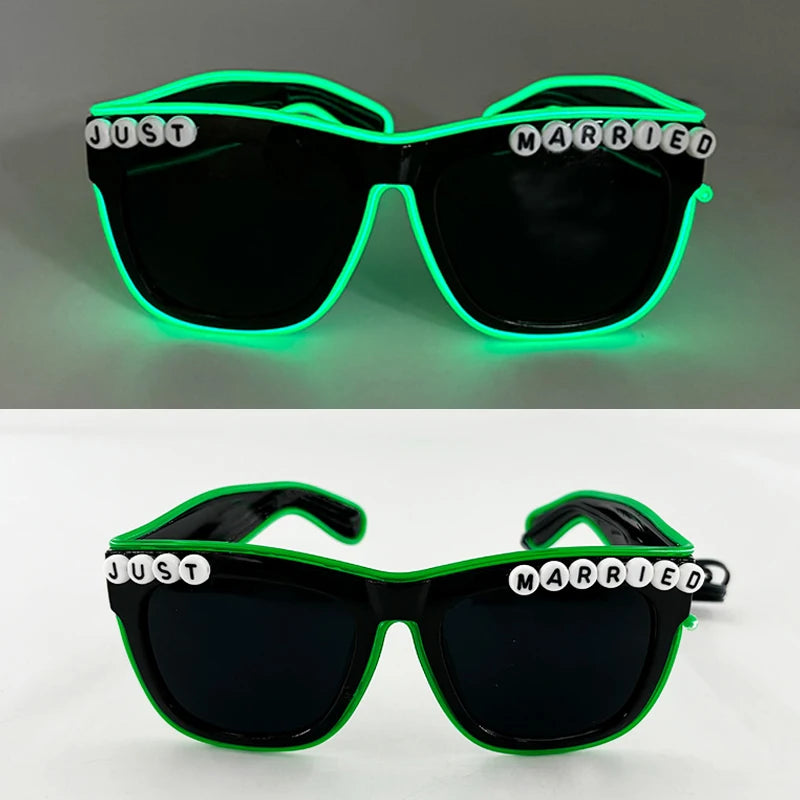 LED Glowing "Just Married" Heart Glasses – Bridal Party & Wedding Celebration Novelty Sunglasses