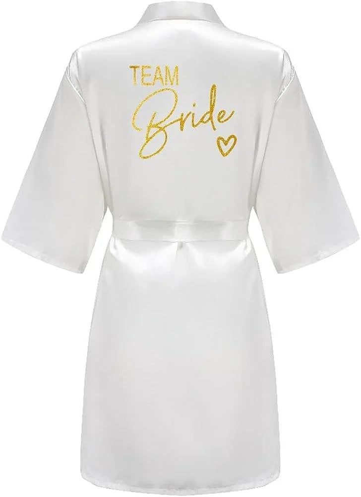 Satin Bridal Party Robe with Gold Lettering | Kimono Bathrobe for Bride & Bridesmaids — Wedding Morning Essential