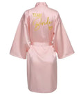 Satin Bridal Party Robe with Gold Lettering | Kimono Bathrobe for Bride & Bridesmaids — Wedding Morning Essential
