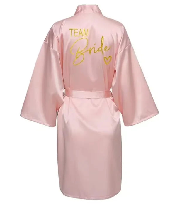 Satin Bridal Party Robe with Gold Lettering | Kimono Bathrobe for Bride & Bridesmaids — Wedding Morning Essential